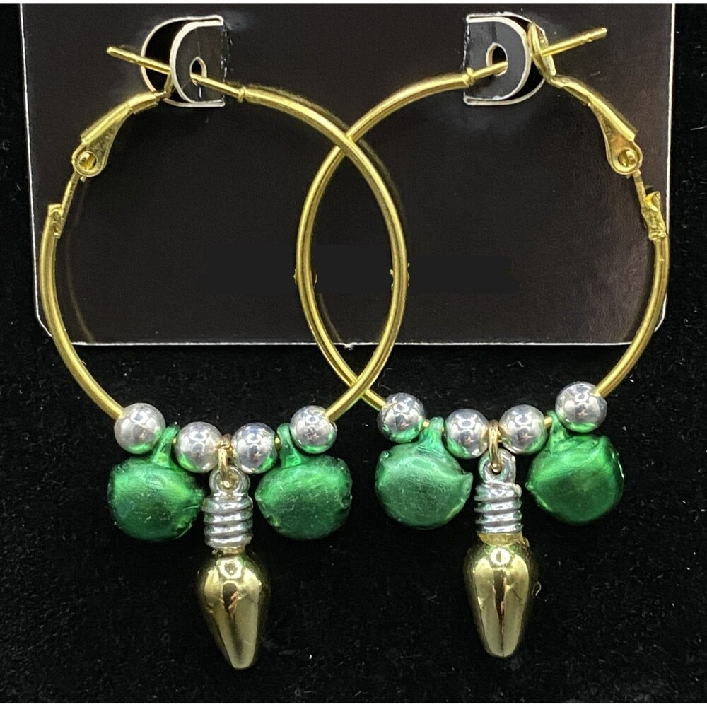 Handmade Gold Christmas Light & Green Jingle Bell Hoop Earrings by Neanie-Bot